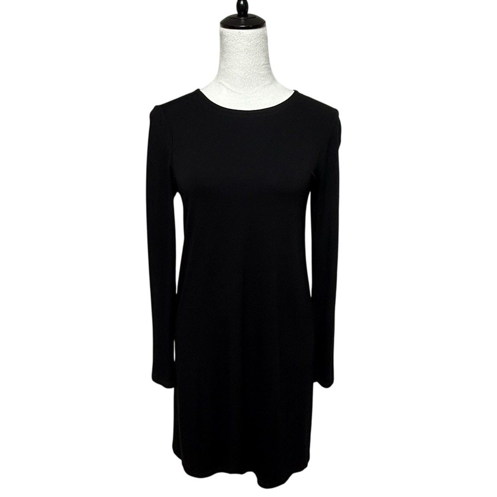 Eileen Fisher Dress XS Black Shift Long Sleeve Viscose Button Back Luxury